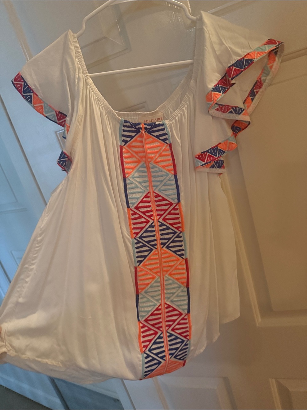 Solitaire White Tunic with Multicolor Geometric Embroidery M